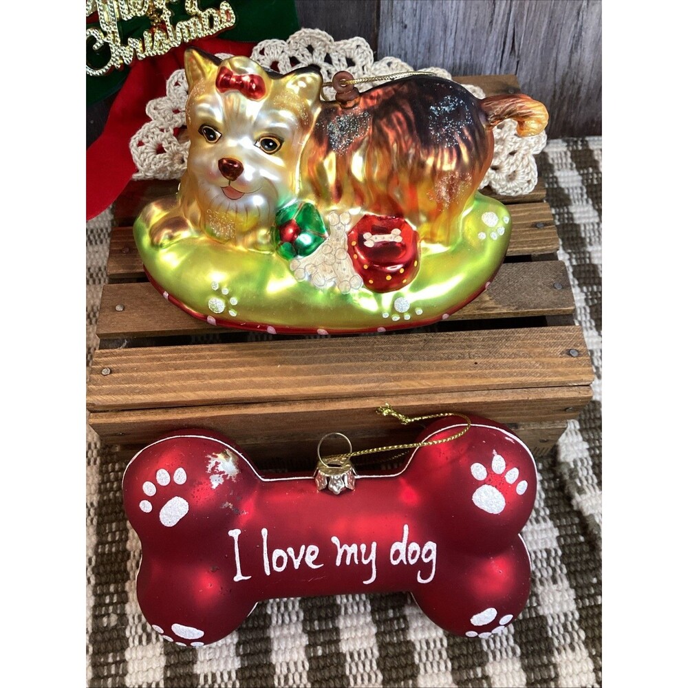 Charming Yorkie Hand Blown Glass Christmas Tree Ornament + I Love My Dog Bone